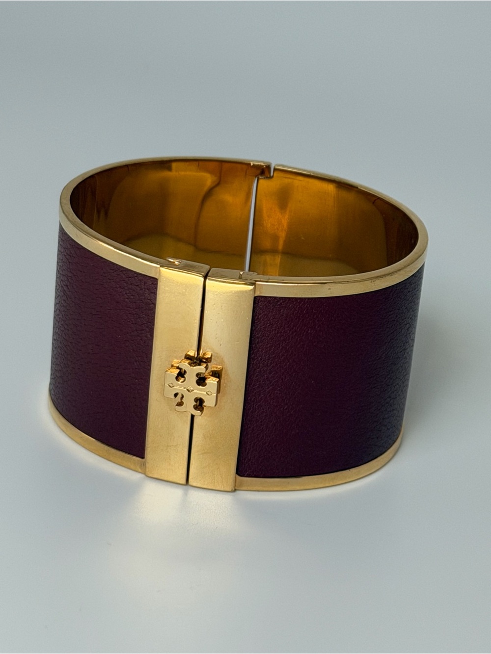 Tory Burch Burgundy Leather Gold Tone Wide Cuff Bracelet